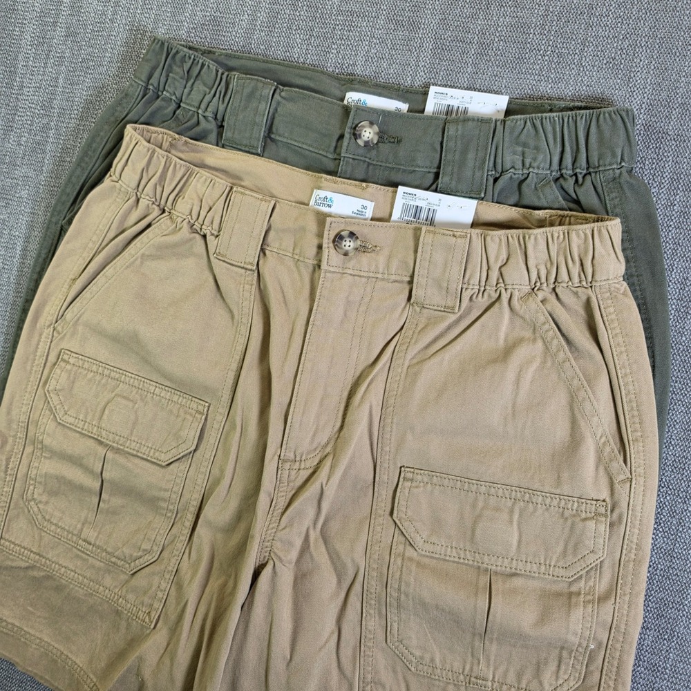 2 Pack! Croft & Barrow Cargo Shorts Mens 30/7.5 Dusty Olive Green Side Elastic
